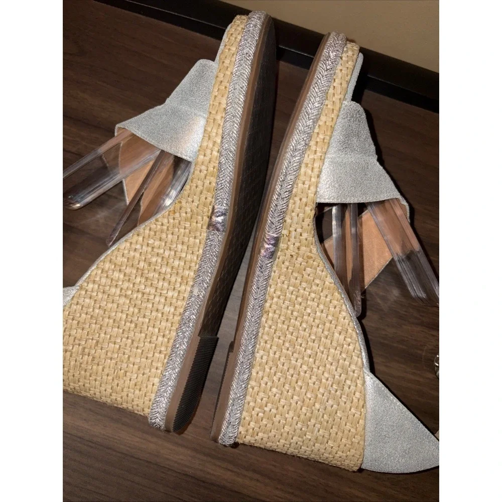 Johnston & Murphy 8 M Marcia Leather Espadrille Wedge Sandals Silver Metallic